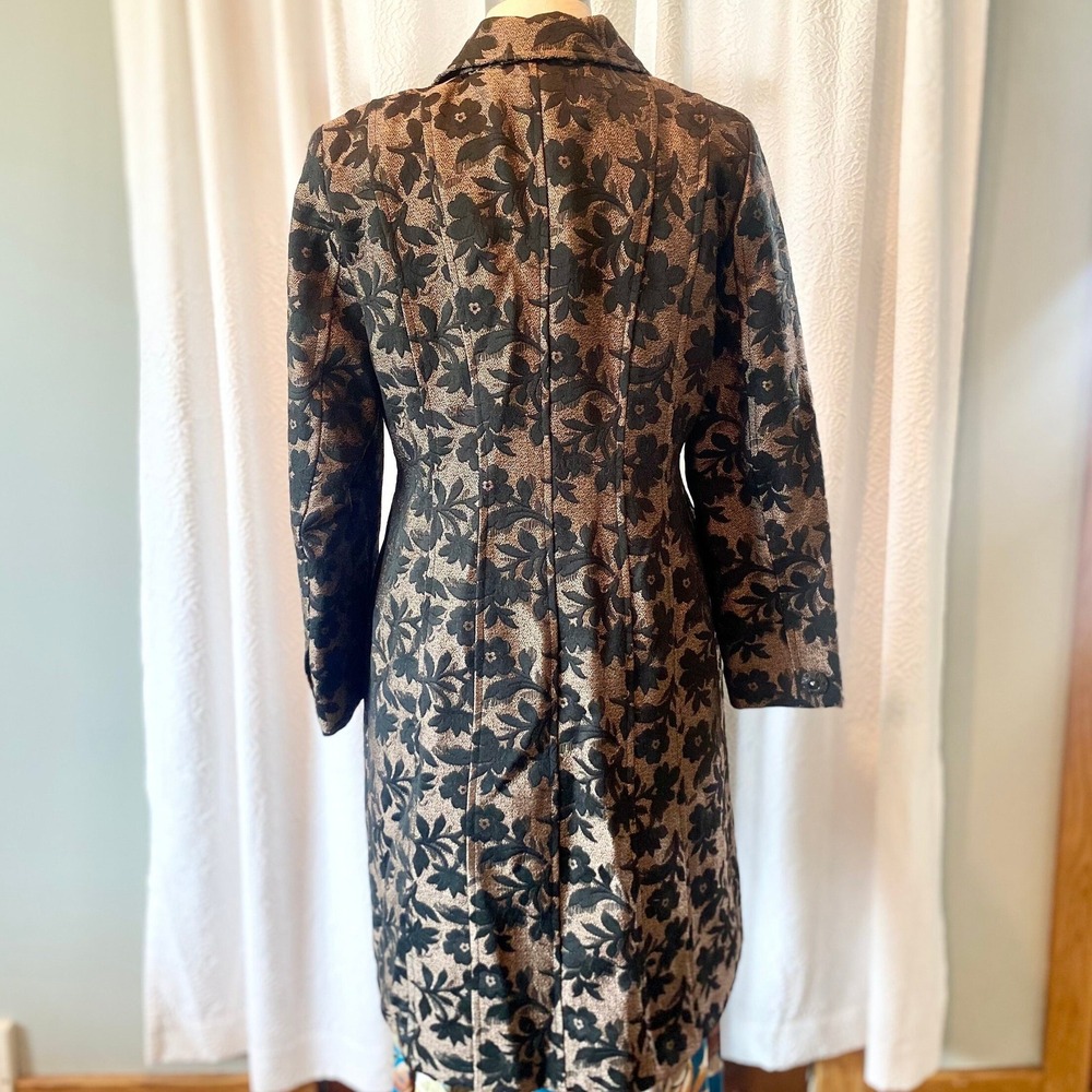 Vintage Brocade Trench Coat, Black Copper Metallic Floral, Size 12 - Picture 10 of 11